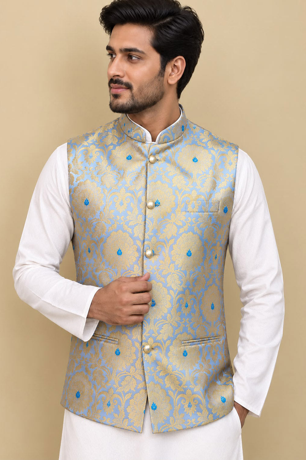 Blue Handloom Banarasi Kimkhwab Nehru Jacket
