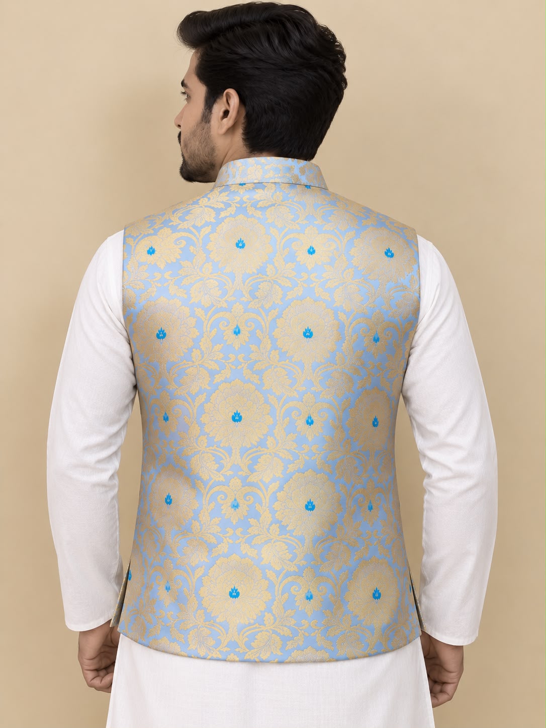 Blue Handloom Banarasi Kimkhwab Nehru Jacket