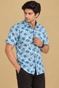 Vibrant Blue Digital Printed Wrinkle Free Linen Cotton Shirt