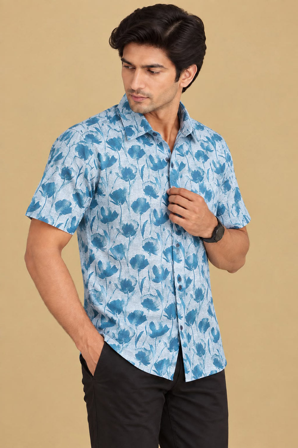 Vibrant Blue Digital Printed Wrinkle Free Linen Cotton Shirt