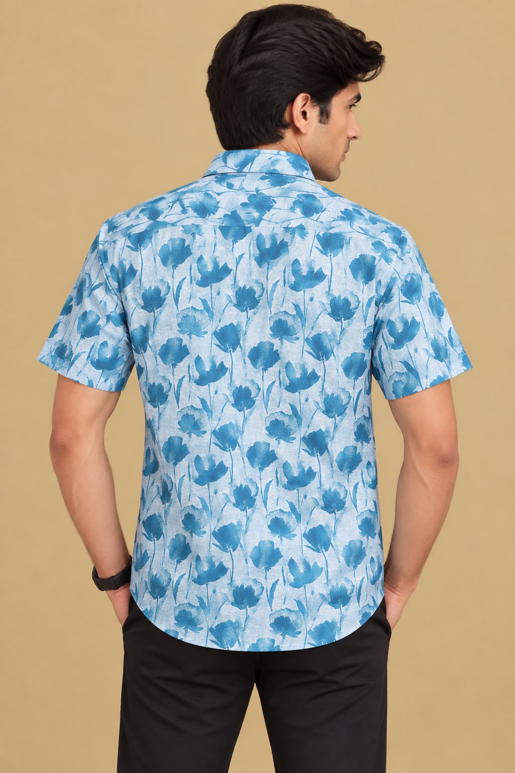 Vibrant Blue Digital Printed Wrinkle Free Linen Cotton Shirt