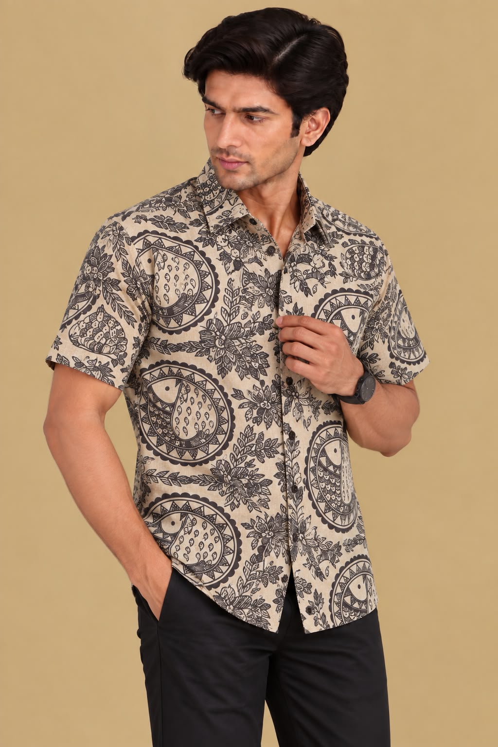 Pastel Madhubani Design Digital Printed Tussar Silk Half Sleeve Shirt