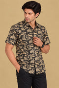 Exquisite Black Shikargah Design Digital Printed Tussar Silk Half Sleeve Shirt