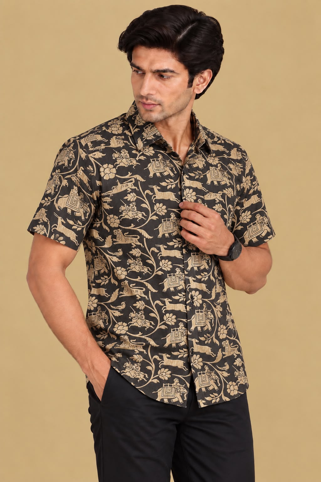 Exquisite Black Shikargah Design Digital Printed Tussar Silk Half Sleeve Shirt