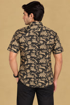 Exquisite Black Shikargah Design Digital Printed Tussar Silk Half Sleeve Shirt