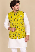 Yellow Digital Print Cotton Silk Nehru Jacket Flower Design Festive