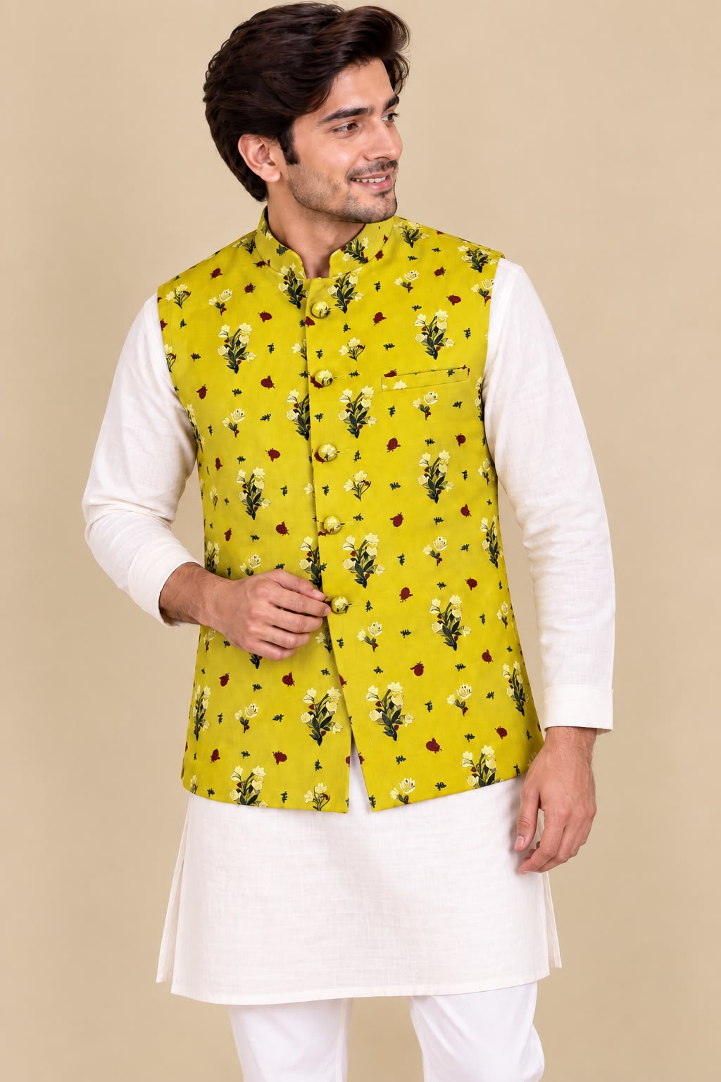 Yellow Digital Print Cotton Silk Nehru Jacket Flower Design Festive
