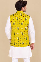 Yellow Digital Print Cotton Silk Nehru Jacket Flower Design Festive