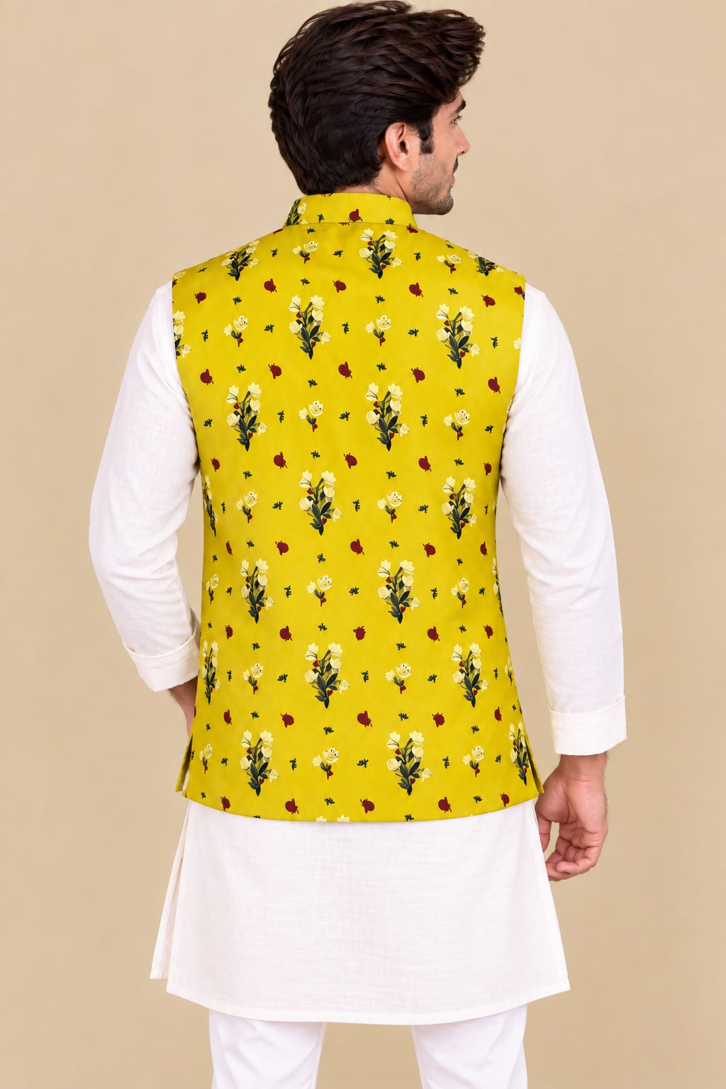 Yellow Digital Print Cotton Silk Nehru Jacket Flower Design Festive