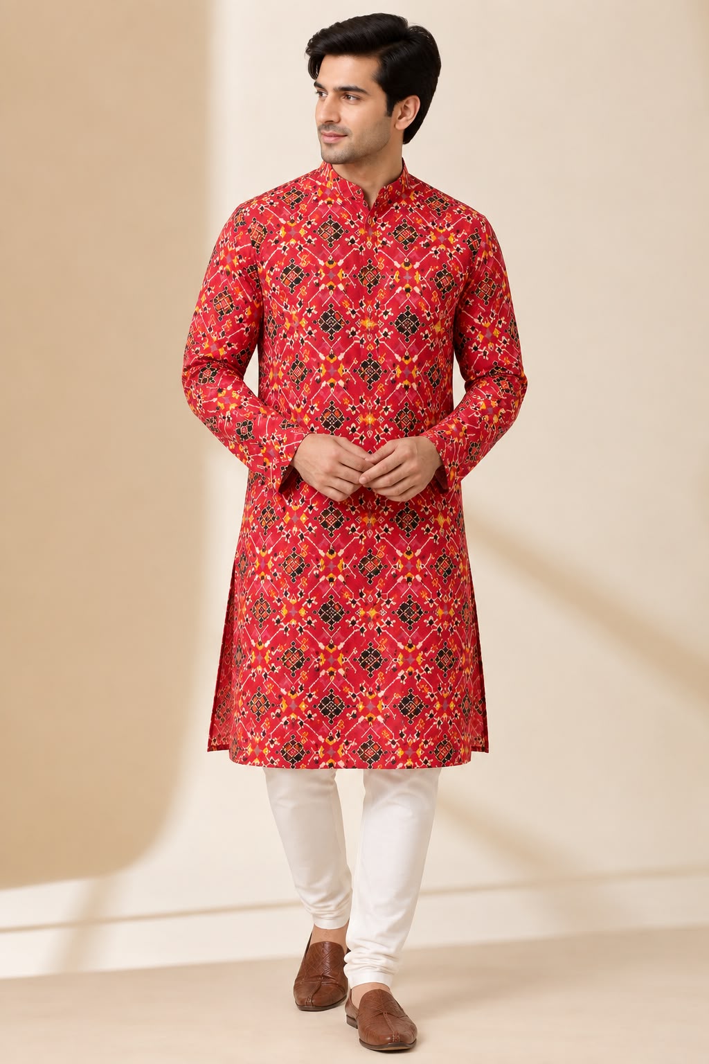 Pink Patola Tussar Silk Kurta — Digital Print, Festive
