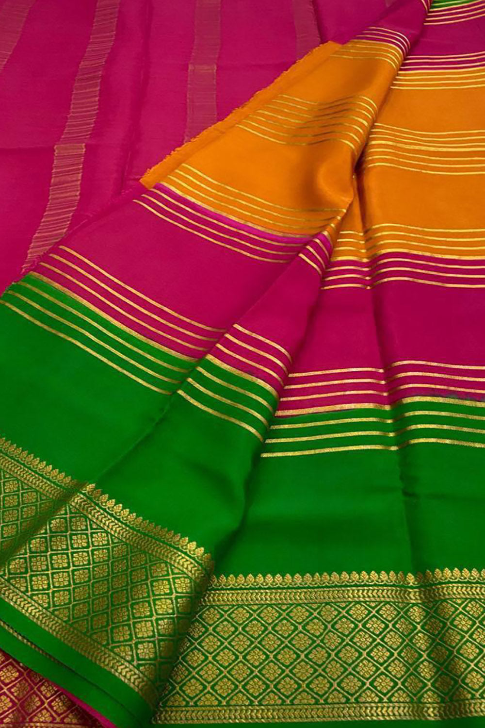 Multicolor Mysore Handloom Pure Crepe Silk Saree