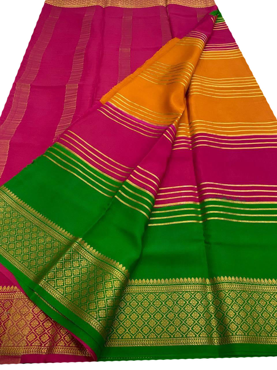 Multicolor Mysore Handloom Pure Crepe Silk Saree
