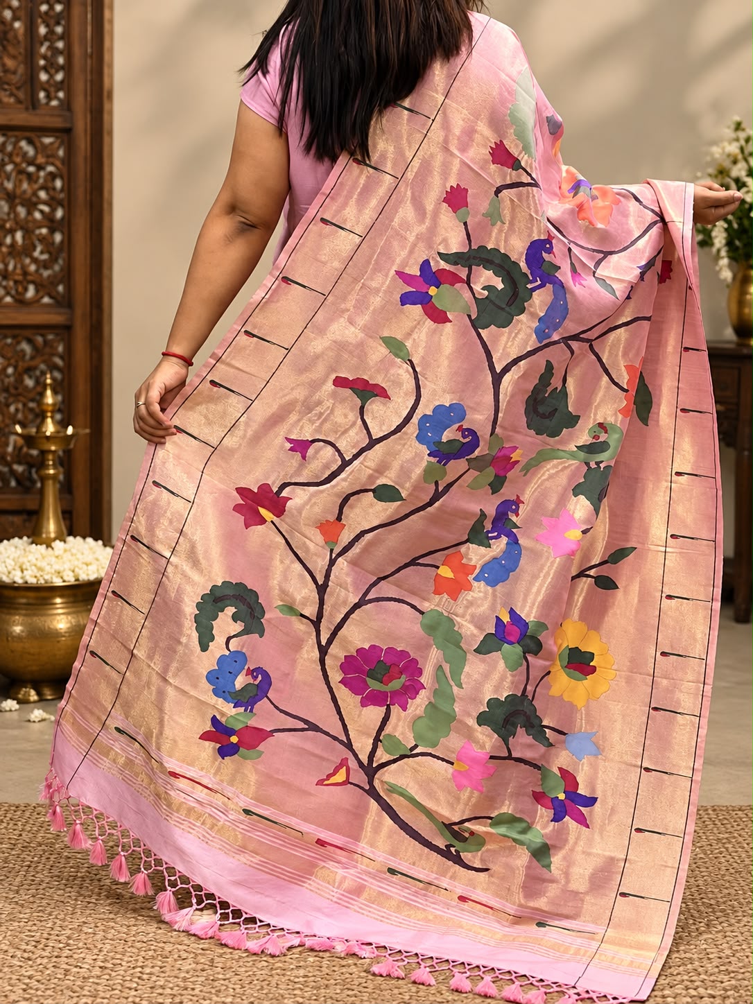 Pink Paithani Handloom Pure Silk Brocade Muniya Border Dupatta