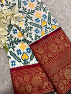 White Ikat Pure Silk Saree Handloom Woven Kanjeevaram Border PS1I1RE126100701