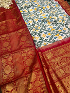 White Ikat Pure Silk Saree Handloom Woven Kanjeevaram Border PS1I1RE126100701