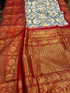 White Ikat Pure Silk Saree Handloom Woven Kanjeevaram Border PS1I1RE126100701