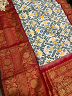 White Ikat Pure Silk Saree Handloom Woven Kanjeevaram Border PS1I1RE126100701