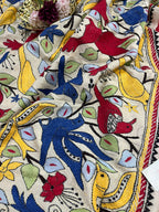 Red Banarasi Chanderi Silk Suit With Multicolor Kantha Tussar Silk Dupatta With Hand Embroidered Bird and Floral Design - Luxurion World