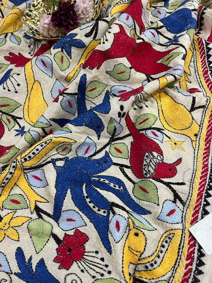 Red Banarasi Chanderi Silk Suit With Multicolor Kantha Tussar Silk Dupatta With Hand Embroidered Bird and Floral Design - Luxurion World