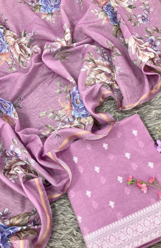 Elegant Purple Digital Printed Chanderi Silk Three Piece Suit Set - Luxurion World