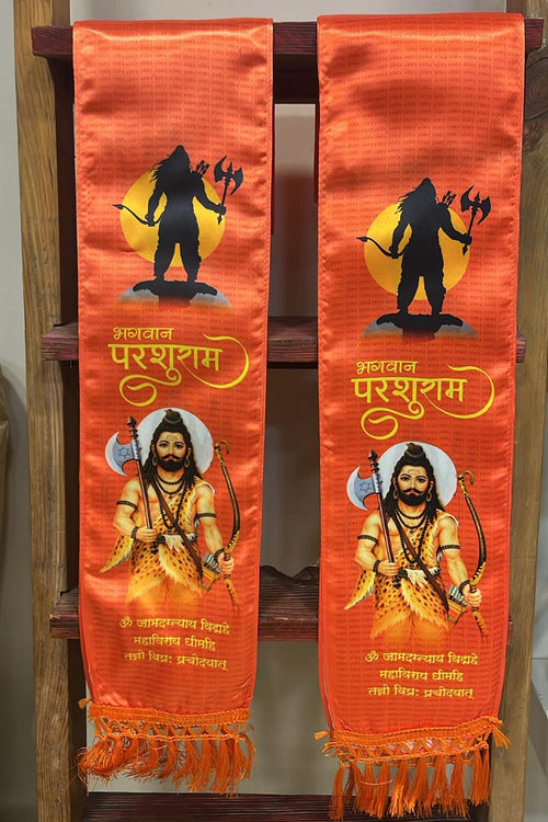 LUXURION WORLD Divine Stole/ Patka/ Khesh/ Shawl/ Dupatta – Bhagwan Parshuram Stoles || Satin Silk Cloth Print Unisex God Printed Scarf for Spiritual Wear ( With Handcrafted Lace ) - Luxurion World