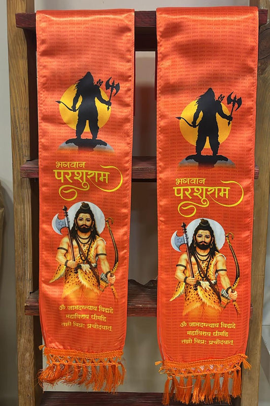 LUXURION WORLD Divine Stole/ Patka/ Khesh/ Shawl/ Dupatta – Bhagwan Parshuram Stoles || Satin Silk Cloth Print Unisex God Printed Scarf for Spiritual Wear ( With Handcrafted Lace ) - Luxurion World