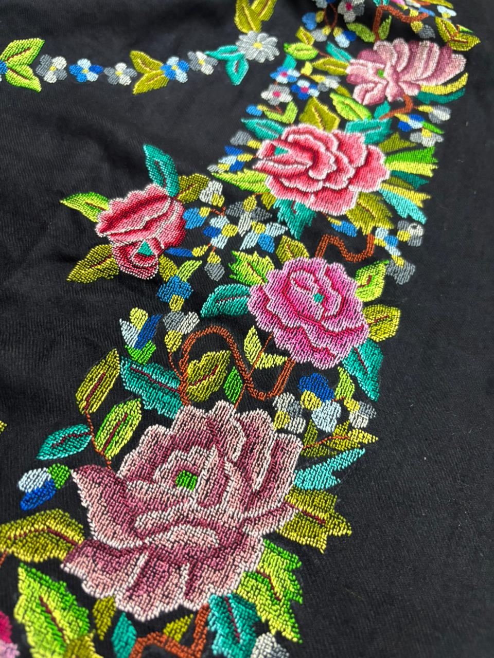 Black Pashmina shawl with petit point work handcrafted masterpiece reflecting timeless elegance and refined luxury appeal - Luxurion World