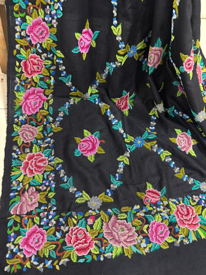 Black Pashmina shawl with petit point work handcrafted masterpiece reflecting timeless elegance and refined luxury appeal - Luxurion World