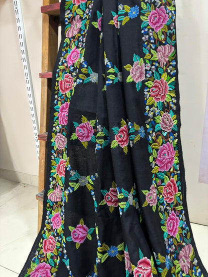 Black Pashmina shawl with petit point work handcrafted masterpiece reflecting timeless elegance and refined luxury appeal - Luxurion World