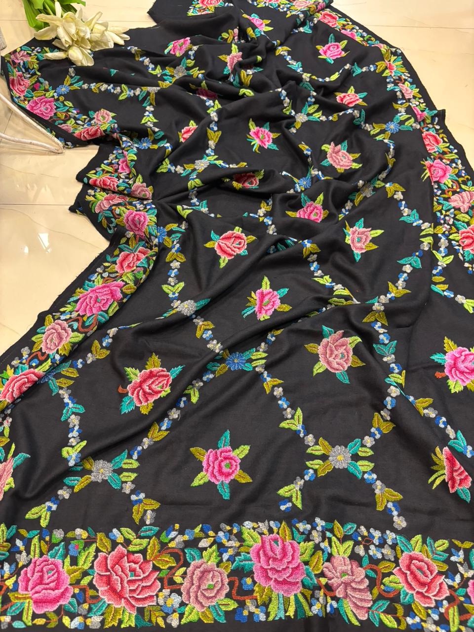 Black Pashmina shawl with petit point work handcrafted masterpiece reflecting timeless elegance and refined luxury appeal - Luxurion World