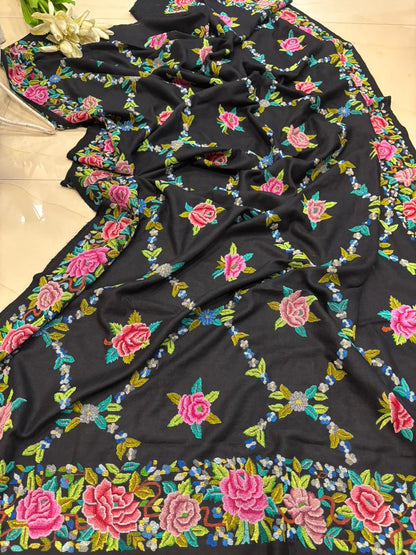 Black Pashmina shawl with petit point work handcrafted masterpiece reflecting timeless elegance and refined luxury appeal - Luxurion World