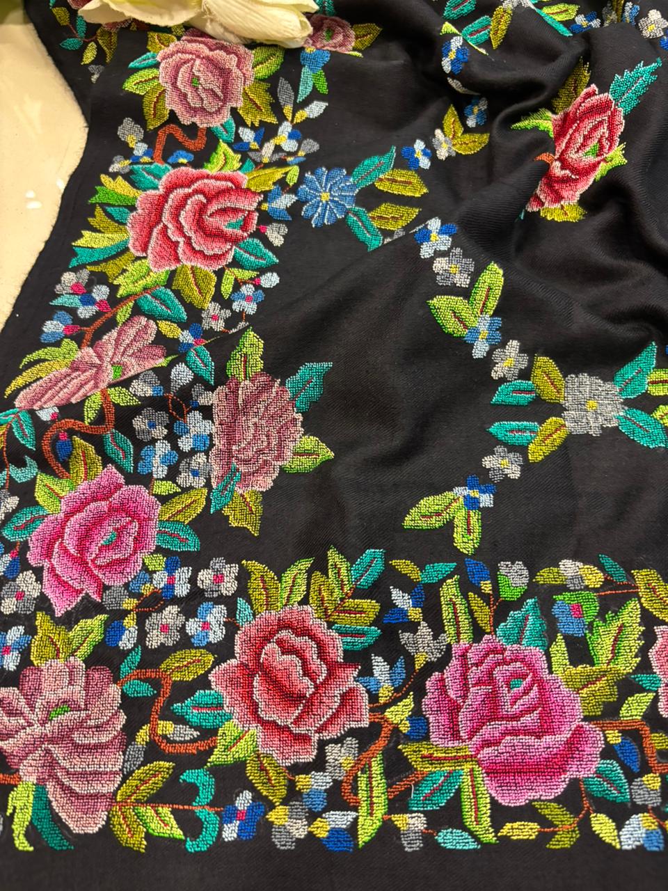 Black Pashmina shawl with petit point work handcrafted masterpiece reflecting timeless elegance and refined luxury appeal - Luxurion World
