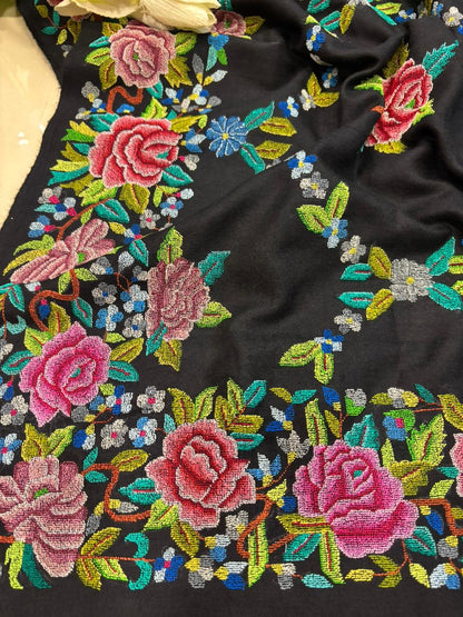 Black Pashmina shawl with petit point work handcrafted masterpiece reflecting timeless elegance and refined luxury appeal - Luxurion World
