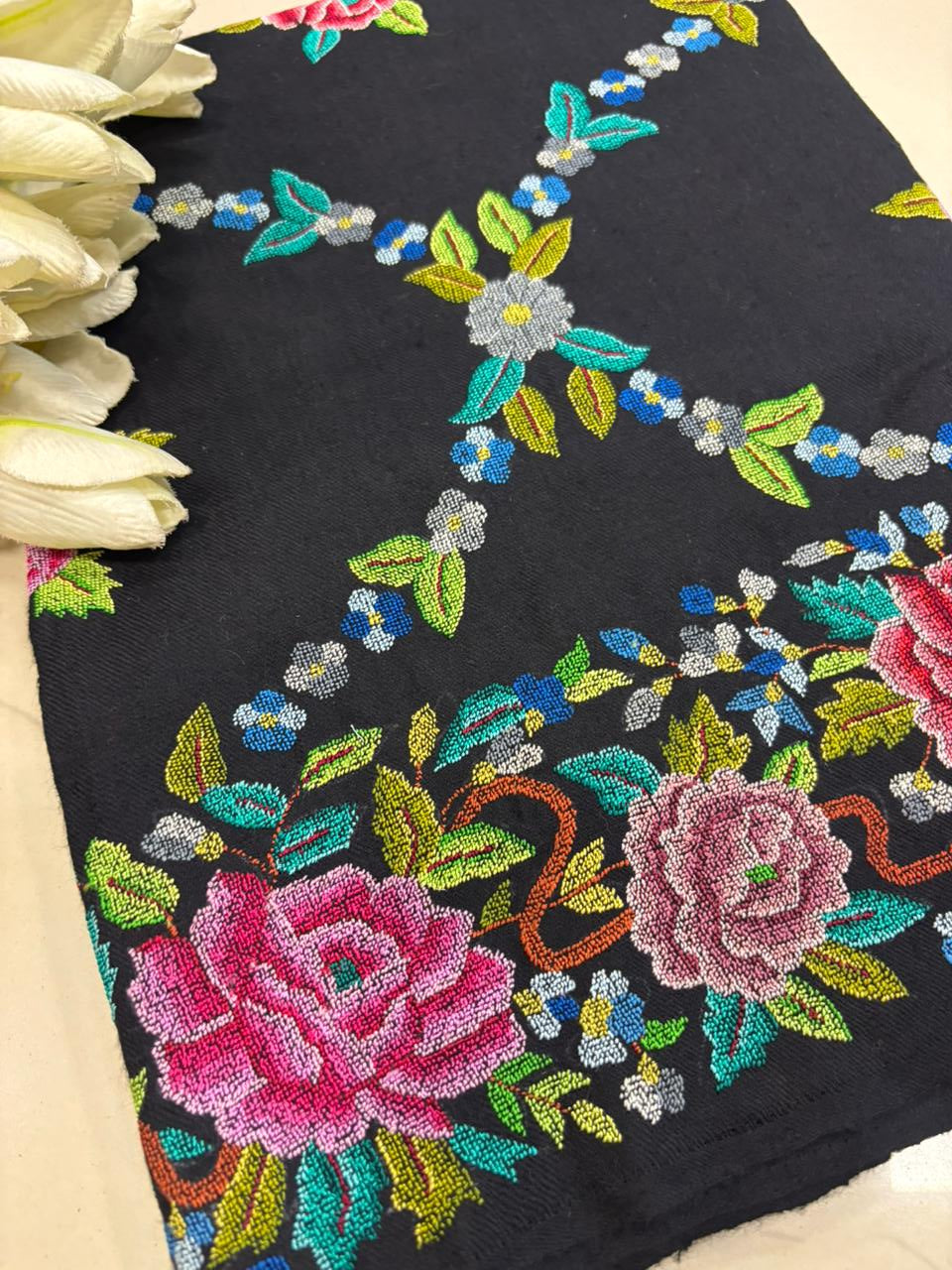 Black Pashmina shawl with petit point work handcrafted masterpiece reflecting timeless elegance and refined luxury appeal - Luxurion World