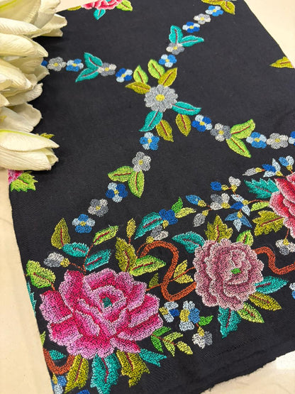 Black Pashmina shawl with petit point work handcrafted masterpiece reflecting timeless elegance and refined luxury appeal - Luxurion World