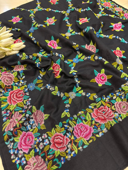 Black Pashmina shawl with petit point work handcrafted masterpiece reflecting timeless elegance and refined luxury appeal - Luxurion World