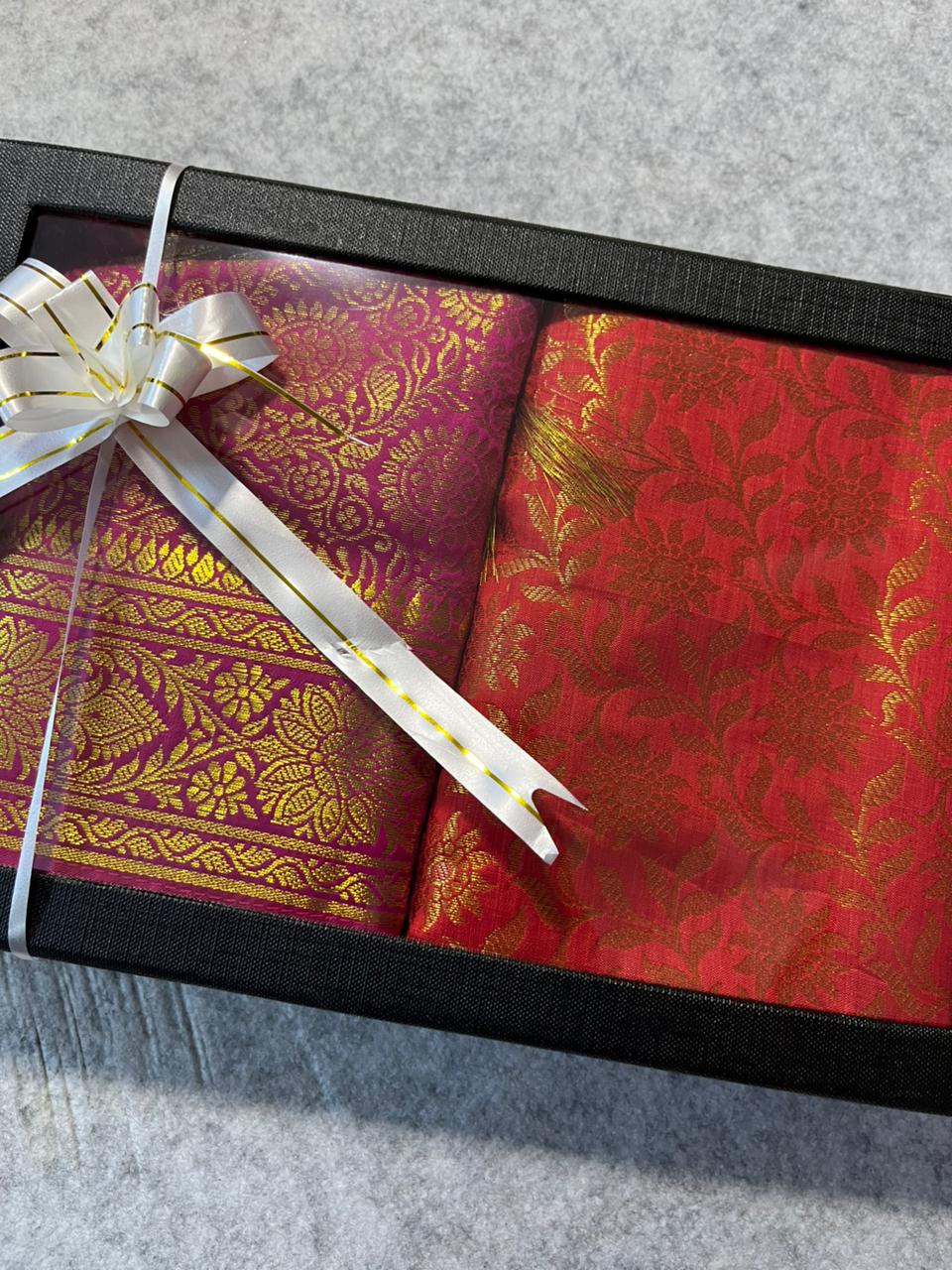 Premium Red and Pink Banarasi Silk Fashion Stole Gift Set of Two Stylish Wrap for Festive | College | Casual | Night Parties - Luxurion World