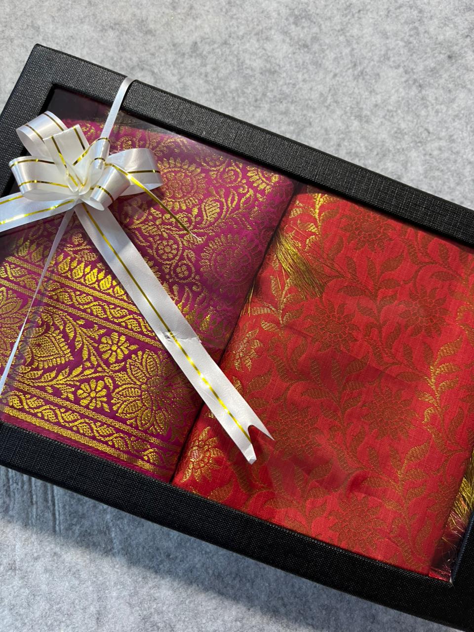 Premium Red and Pink Banarasi Silk Fashion Stole Gift Set of Two Stylish Wrap for Festive | College | Casual | Night Parties - Luxurion World