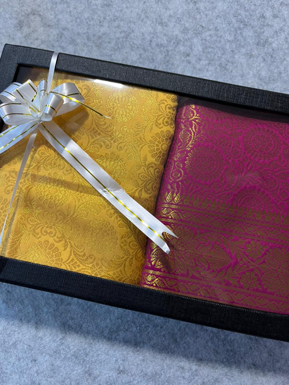 Premium Pink and Yellow Banarasi Silk Fashion Stole Gift Set of Two Stylish Wrap for Festive | College | Casual | Night Parties - Luxurion World