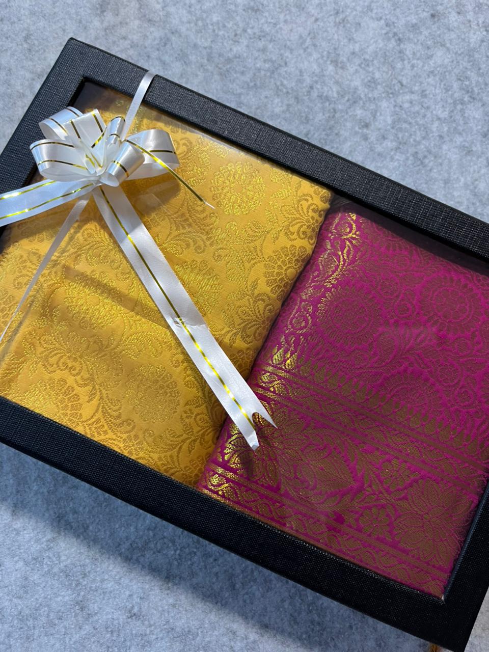 Premium Pink and Yellow Banarasi Silk Fashion Stole Gift Set of Two Stylish Wrap for Festive | College | Casual | Night Parties - Luxurion World