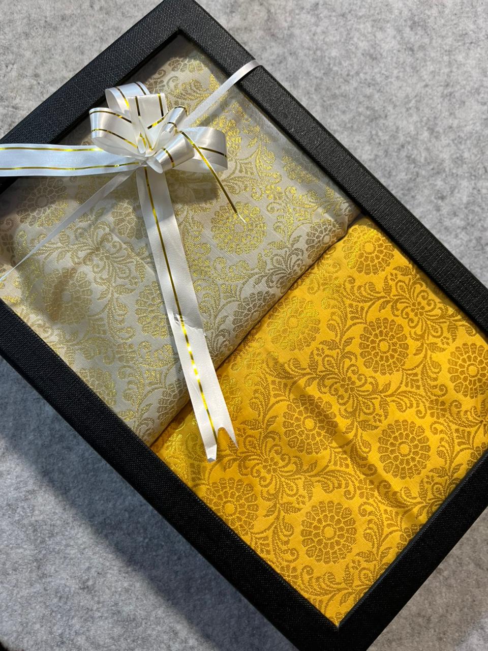 Premium Yellow and White Banarasi Silk Fashion Stole Gift Set of Two Stylish Wrap for Festive | College | Casual | Night Parties - Luxurion World