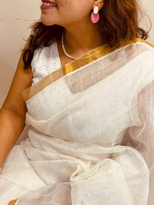 White Jamdani Muslin Silk Saree