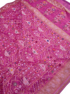 Pink Handloom Banarasi Jamdani Cotton Flower Design Saree - Luxurion World