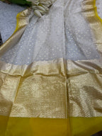 Elegant  Off White Banarasi Chanderi Silk Three Piece Unstitched Suit Set