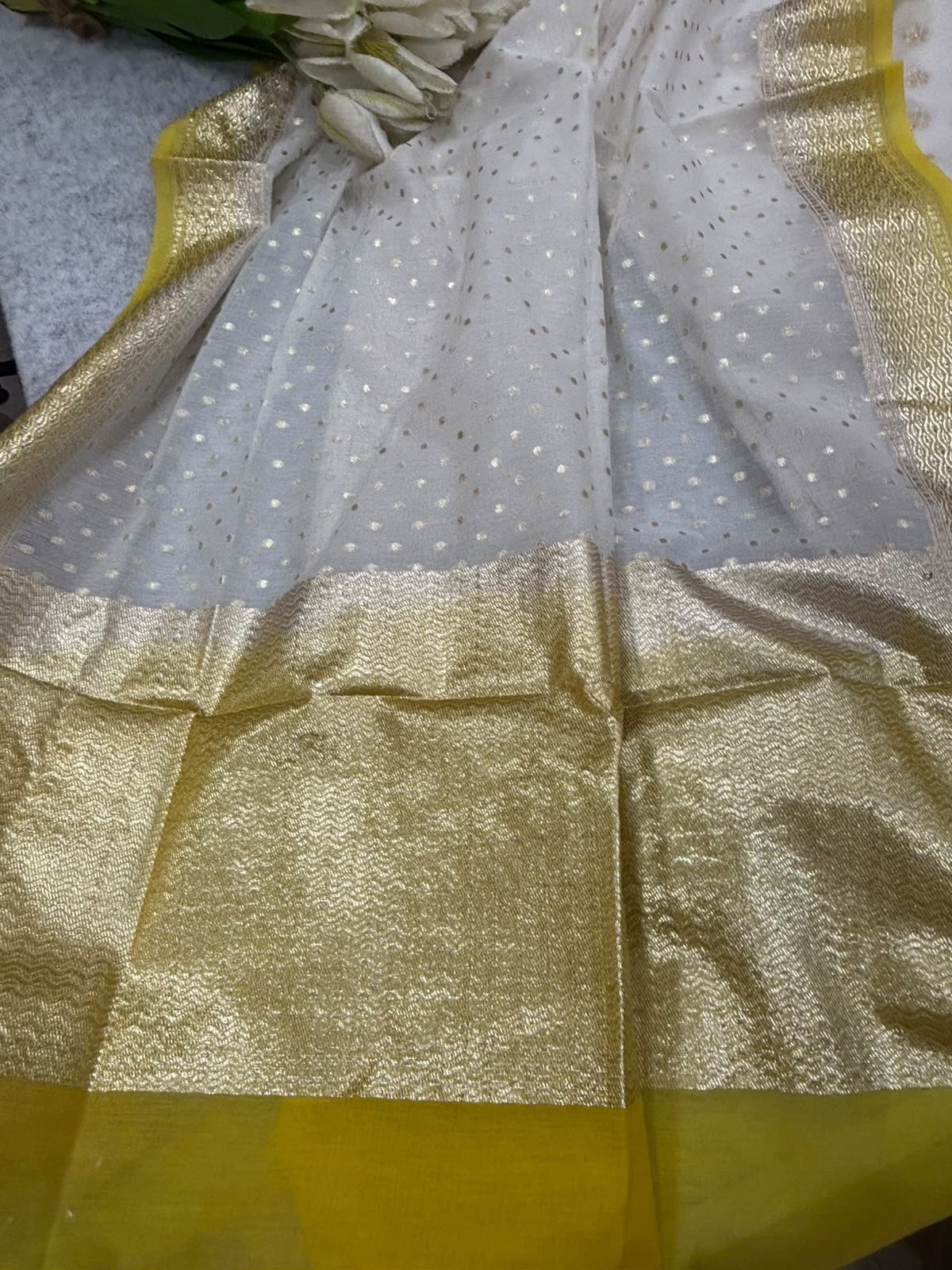 Elegant  Off White Banarasi Chanderi Silk Three Piece Unstitched Suit Set