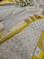 Elegant  Off White Banarasi Chanderi Silk Three Piece Unstitched Suit Set