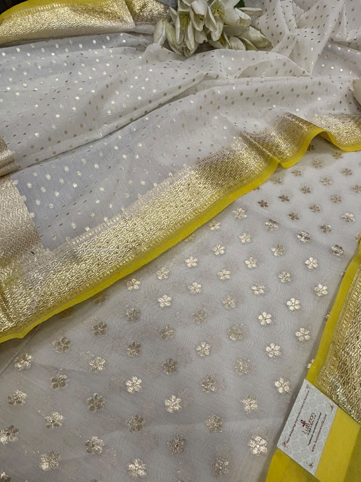 Elegant  Off White Banarasi Chanderi Silk Three Piece Unstitched Suit Set