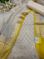 Elegant  Off White Banarasi Chanderi Silk Three Piece Unstitched Suit Set