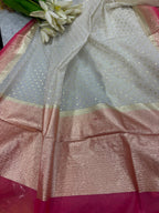 Elegant  Off White Banarasi Chanderi Silk Three Piece Unstitched Suit Set