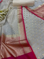 Elegant  Off White Banarasi Chanderi Silk Three Piece Unstitched Suit Set